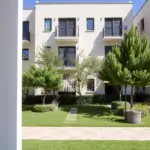 A modern building with green space