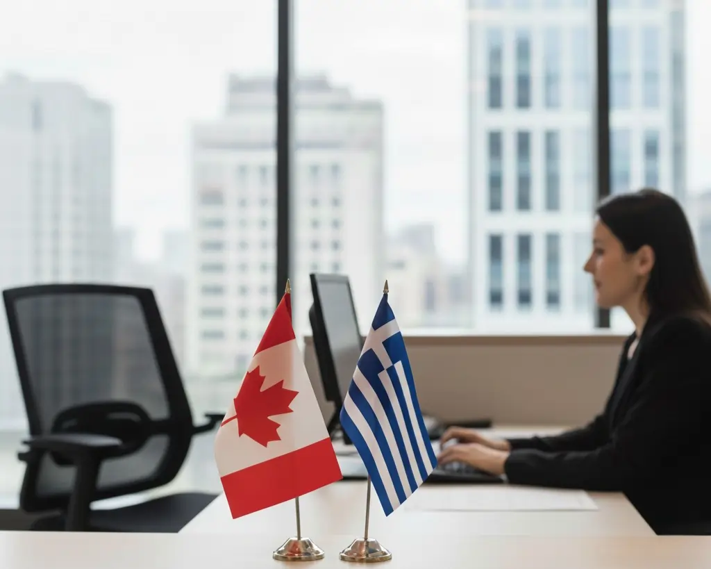 Καναδική και ελληνική σημαία σε γραφείο.
